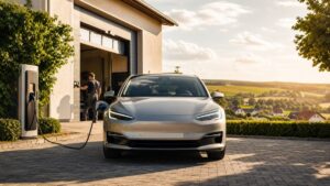 Elektromobil u autoservisu v české krajině během horkého letního dne